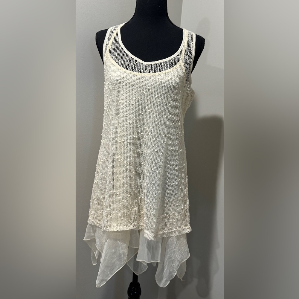A'Reve Cream Textured Knit dress or Tunic Top CottageCore Fairy core BoHo medium